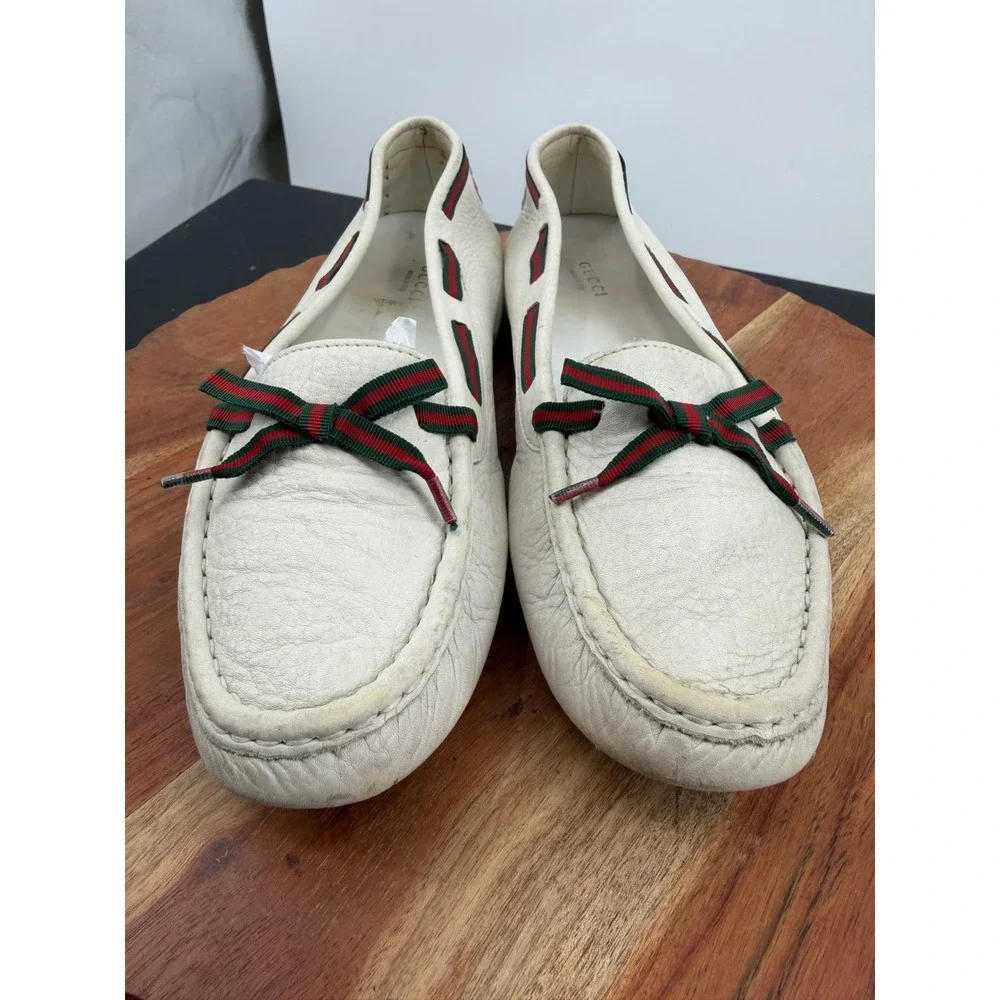 Gucci Driving Loafers men’s 9.5 White Leather Web Stripe Bow Slip On Shoes